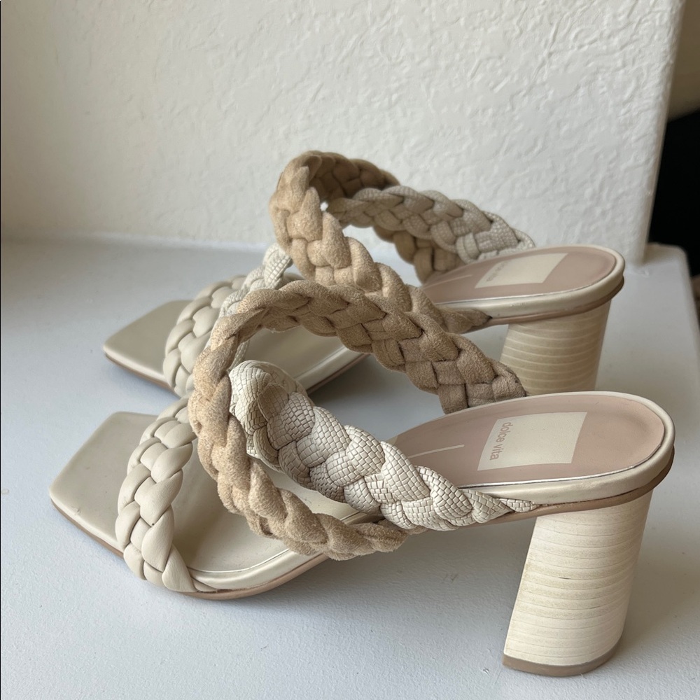 Dolce Vita Two-Tone Braided Heels - Cream and Tan